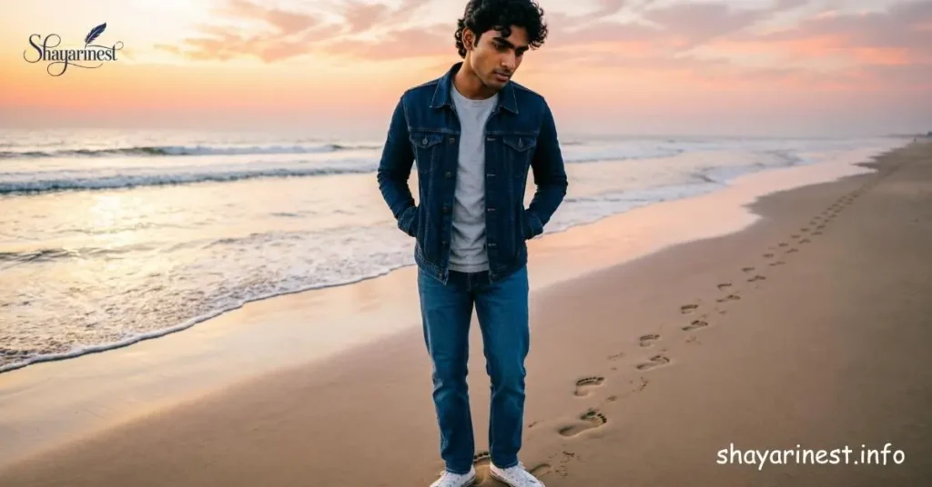 Alone Boy Shayari – अकेला लड़का सूर्यास्त के समय समुद्र तट पर चल रहा है
