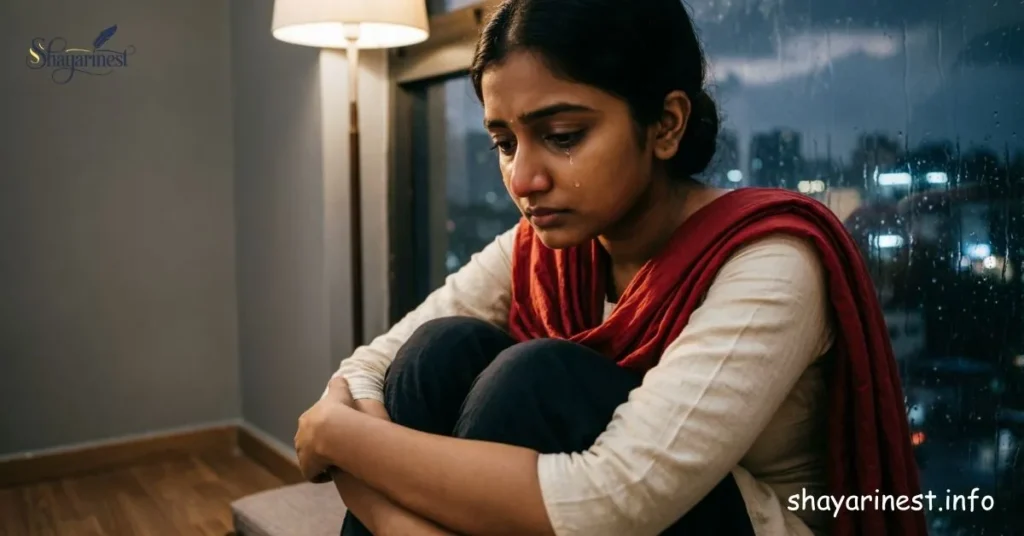 Alone Sad Shayari In Hindi – उदास लड़की बारिश में खिड़की के पास अकेली बैठी है