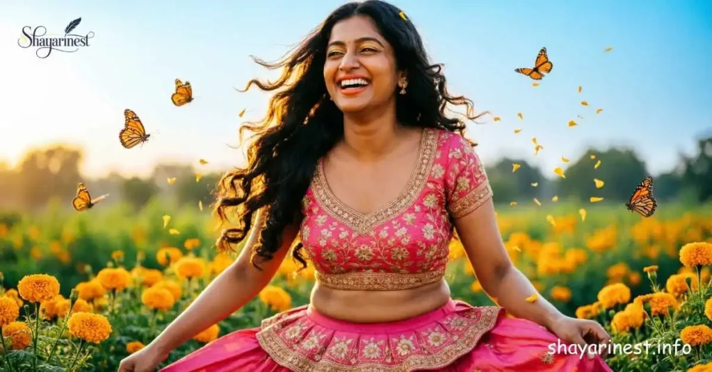 Happy Zindagi Shayari – ek khushi se bhara marigold field mein muskurati ladki