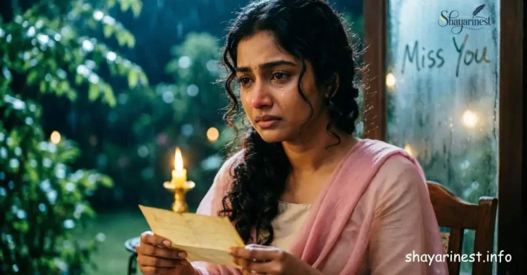 Miss You Shayari in Hindi – Beautiful Indian woman missing her love near a rainy window