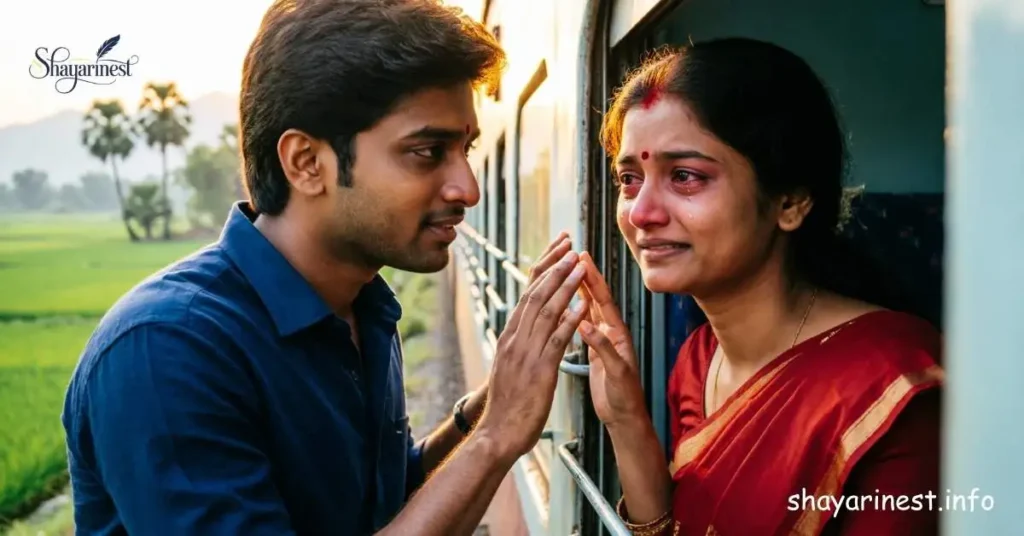 Romantic Miss You Shayari in Hindi – Indian couple separated at train station with emotional longing