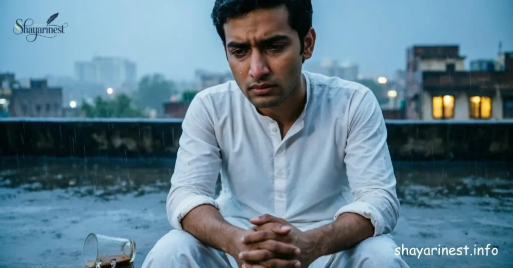 Zindagi Dard Bhari Shayari – ek udas aadmi baarish mein akele chhat par baitha hai